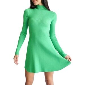 Yllw Long Sleeve Ribbed Fit & Flare Sweater Dress Skater Dress Green Size Small